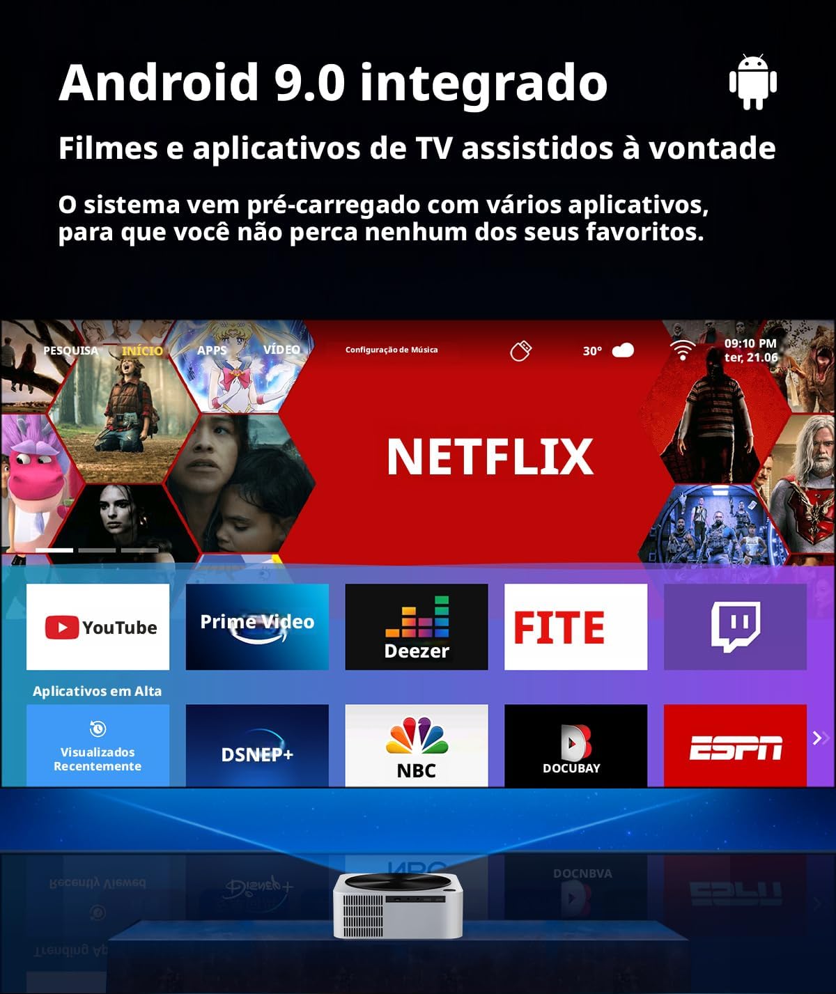 Projetor 4K 1080P Android 9.0 Projetor 12000 Lumens 5G WiFi BT5.0 Home Theater Autofoco Digital, Auto Correccao Trapezoide