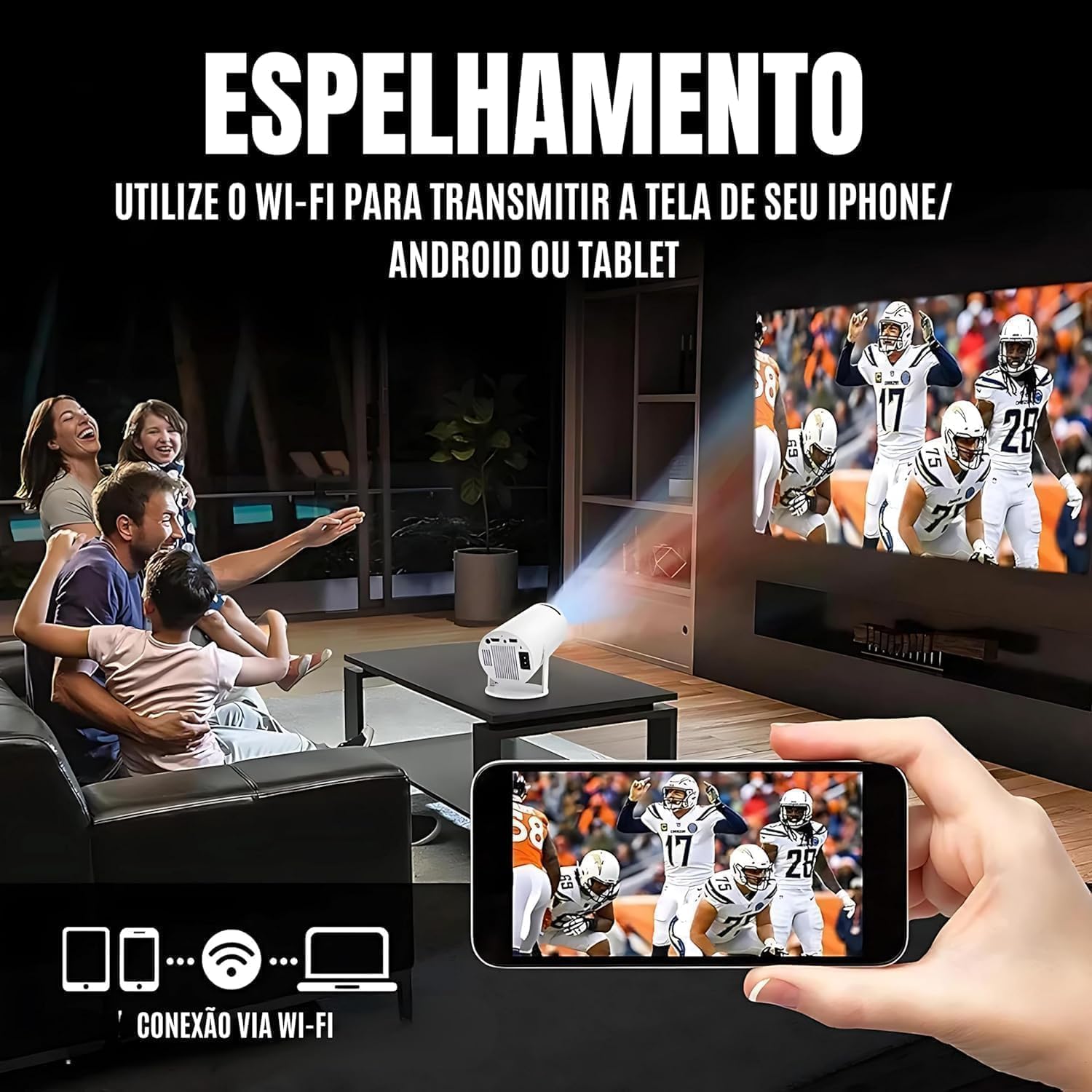Mini Projetor Portátil 5G Wi-Fi 6 Bluetooth 5.0 Android 11 4K 1080P Full HD 8000 Lumens LED Auto Correção Trapezoidal Horizontal Rotação 180° Ideal para Projeções Cinemáticas