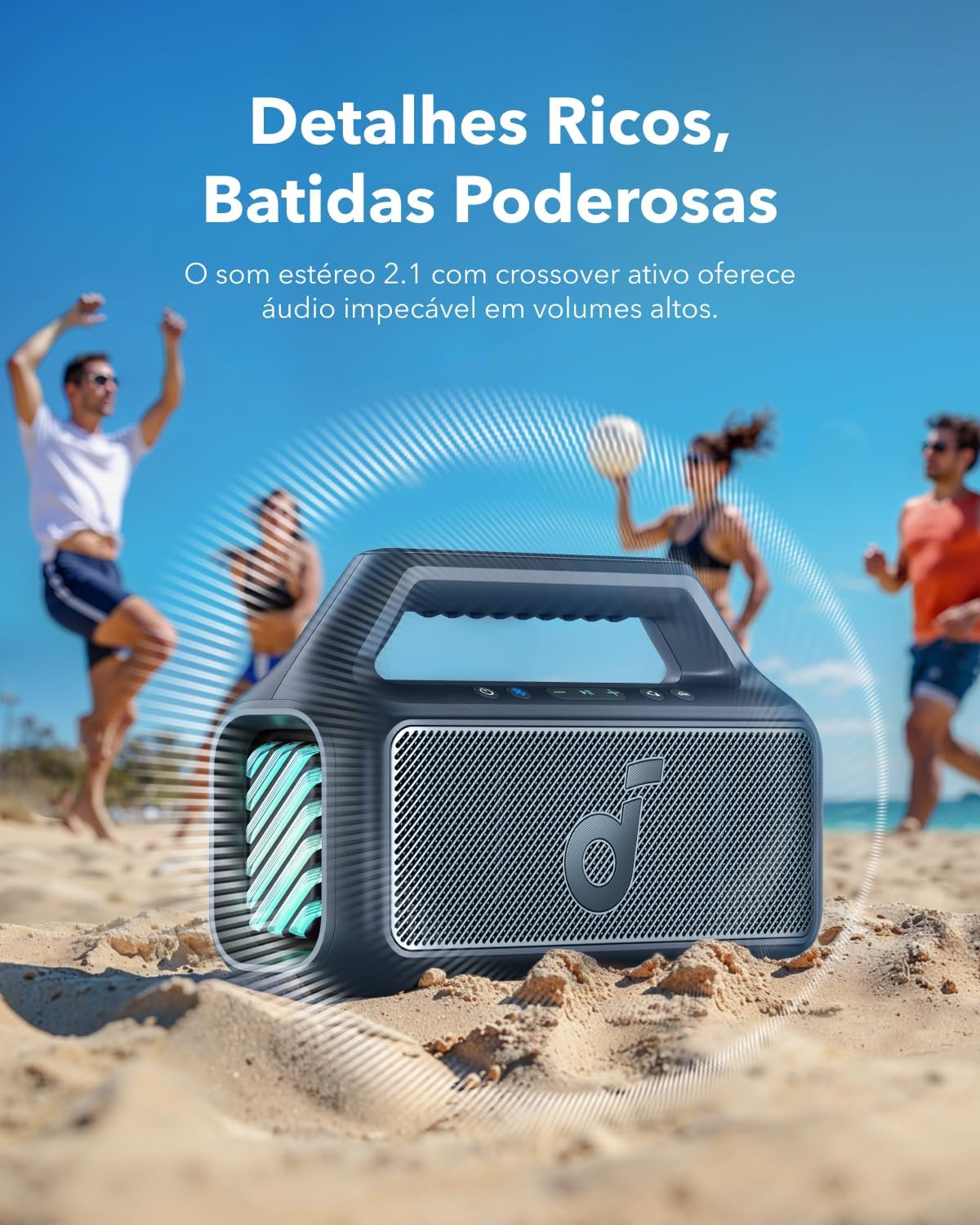 Soundcore Boom 2 da Anker Caixa de Som Portáteis Bluetooth, 80W, Subwoofer, BassUp 2.0, 24H, IPX7, Flutuante, Luzes RGB, USB-C, Equalizador Personalizado, Portátil para Camping e Praia, Azul